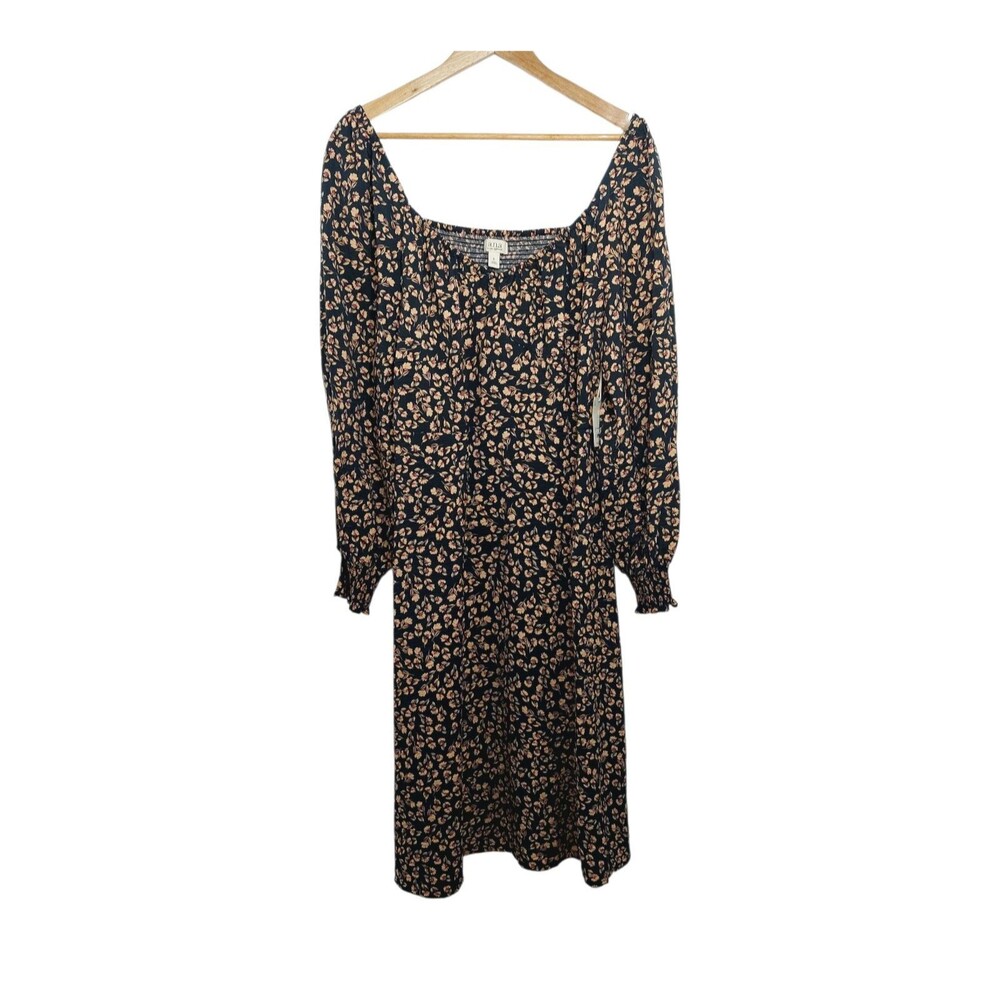 a.n.a Women's Size XL Dress Long Sleeve Floral Midi A-Line Black Fall